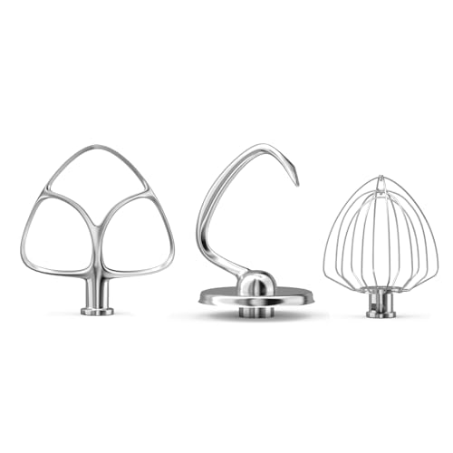Stainless Steel Stand Mixer Attachments 3-Piece for KitchenAid Mixer and 4.5-5 Quart Bowl (K45WW 6-Wire Whip, 4.5-5QT Flat Beater, 4.5-5QT Dough Hook Attachment)