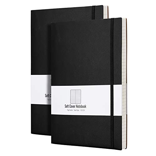 B5 College Ruled Notebook Softcover Journals(2-Pack)- AHGXG Large Composition Notebook 7.6 x 10 inch with Thick 100gsm Lined Paper, Total 408 Numbered Pages, Black Black