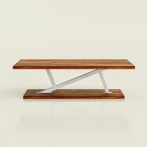 Image of Coffee Table /Center Table /tea table with Open Storage Shelf - Minimalist Sesham Wood Rectangular Center Table with white Z Shape metal fram for Living Room, Office, and Lounge Easy Assembly