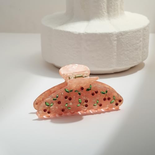 LILIE&WHITE Acrylic Pink Hair Clips For Women Cherry Hair Clip Claw Clips With The Rhinestone Pattern In Red Cherry Strong Hair Fix Hair Clips Accessories Fashion Hair Claw For Women