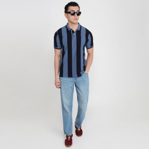 Image of Raymond Men Modern Fit Stripe Pattern Pure Cotton Polo Neck Half Sleeve Casual T-Shirt
