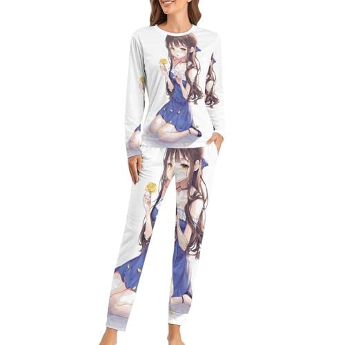 Pyjama femme dessin animé avec t-shirt manches longues et pantalon de nuit confortable