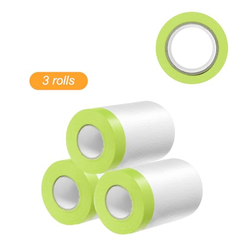Image of HARFINGTON 3 Rolls Pre-Taped Masking Film 21.7 inch x65.6ft Tape and Drape Painters Plastic Drop Cloth Film with Tape Plastic Sheeting for Automotive Painting Covering, Green