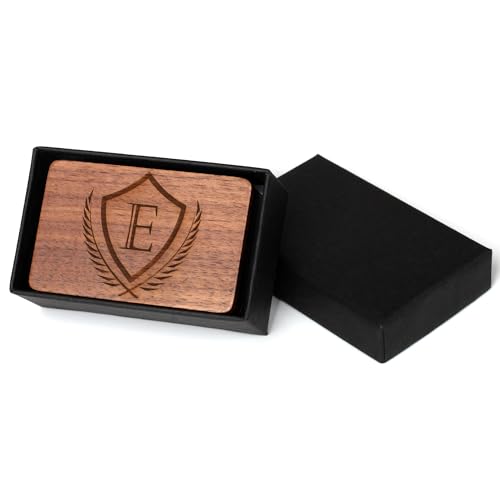 Image of Mens Initial Cufflinks and Tie Clip A-Z Alphabet Letter Black Stainless Cuff Links Tie Bar with Engraved Walnut Wood Box Groom Groomsman Wedding Set