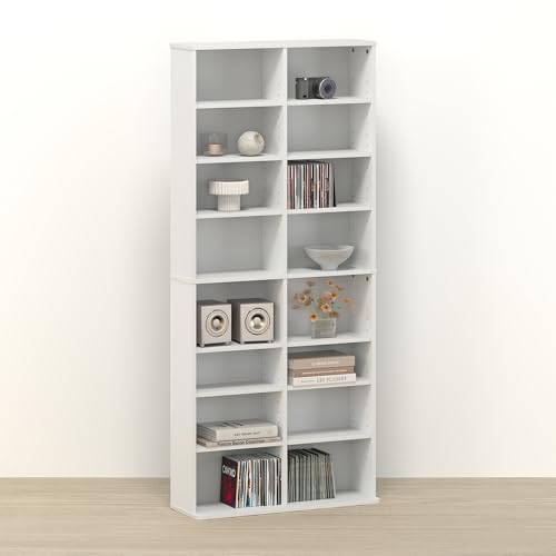 Toki 16-Shelf DVD Storage Tower, Adjustable Movie Shelf & CD Rack, Space Saving Media Storage Cabinet for Living Room, Bedroom, Home Office, Game Room, White