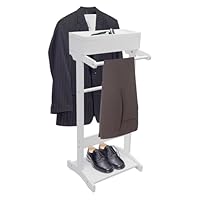 Suit Valet Stands with Drawer & Trouser Holder - Freestanding Wood Suit Rack for Clothes, Hats, Bags | Birch & Iron Bronze, 22 lbs Capacity, Space Saving