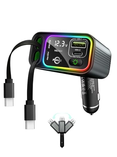 PDMAX Retractable Car Charger USB C,145W Type C Car Charger Fast Charging with Dual Retractable USB C Cable and USB Ports, Compatible with iPhone 16/15,S25/24/23/22, Pixel 9/8/7