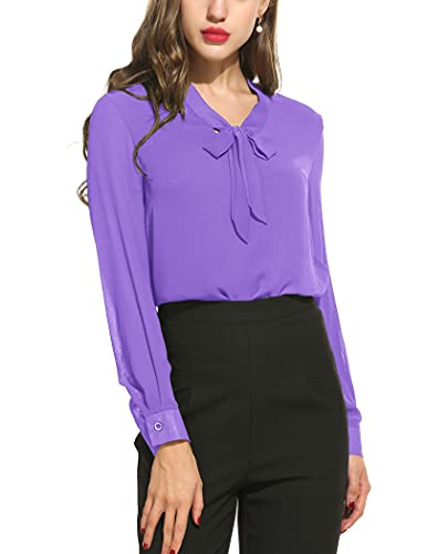 Acevog Office Wear Shirt Tie Neck For Women Vintage Bow Tie Long Sleeve Blouse Purple Large #TOP18