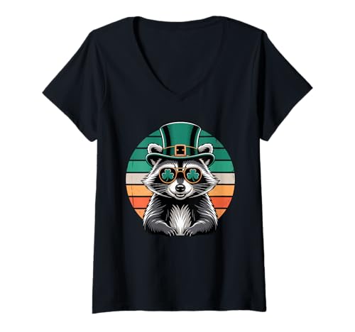 Femme St. Patrick's Day Raccoon with Shamrock Sunglasses T-Shirt avec Col en V