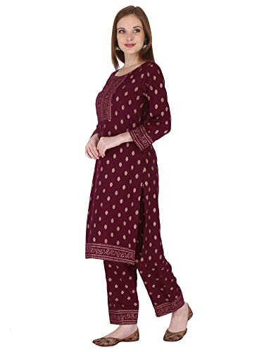 Image of Women's Rayon Printed Kurta with Palazzo Set (Large, Wine Palazzo Set)