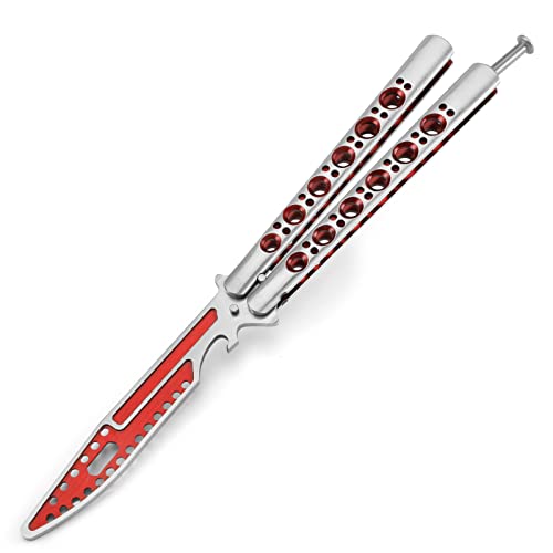 MARCOLO Practice Butterfly Trainer Full Stainless Steel Dull Balisong Trainer Unsharpened Butterfly Trainer Comb for CS GO Training Multifunctional Tool with Hexagon Wrench Bottle Opener Red