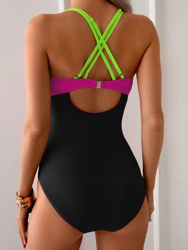 Women's One Piece Color Block Swimsuit Tummy Control Slimming Bathing Suit V Neck Cutout High Waisted Swimwear2