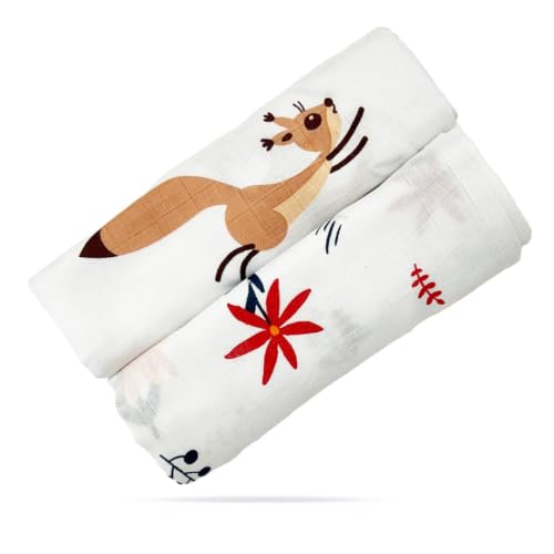 Image of Tinylane 100% Cotton Printed Swaddle Wrap for Newborn Baby | Soft & Breathable Muslin Blanket, 90 x 90cm, Skin-Friendly | for 0-2 Years | Pack of 2 (Brown Naughty Squirrel & Orange Daisy)