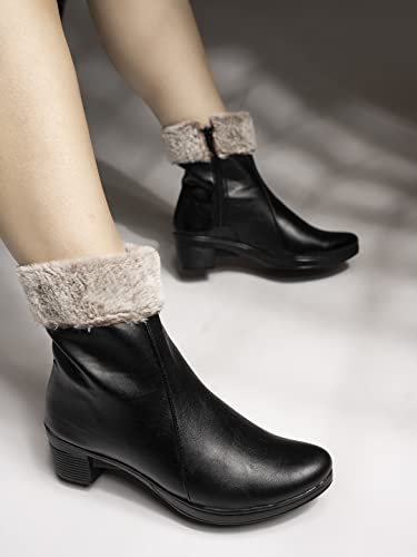 Image of Shoetopia Women's Ankle Boots with Faux Fur Lining | Stylish Winter Block Heel Zip Closure Boots for Casual & Party Footwear