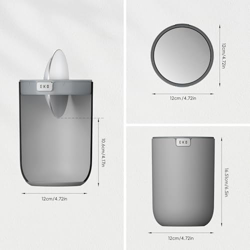 Image of EKO Mini Desk Trash Can with Swing-Top Lid 0.4 Gallon Small Table Round Wastebasket for Office, Home, Car (Grey)