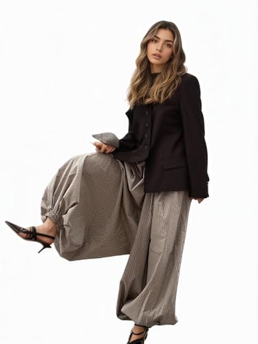 OCUH Balloon Pants Genie Pants Women Wide Leg Harem Aladdin Bubble Puffy Culottes Drawstring Baggy Stripe Ankle Trousers2