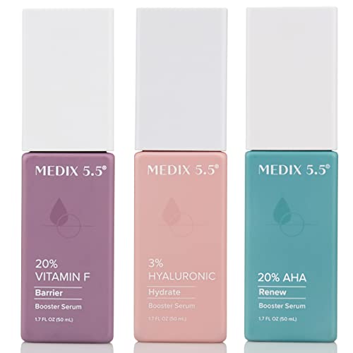 MEDIX Anti Aging Skin Care Booster 3PC Bundle | 20% AHA Exfoliating Boost + 3% Hyaluronic Acid Hydrating Serum + 20% Vitamin F Renew Boost | Enhancing Additives Drops For Daily Skin Care Routine, 3pc