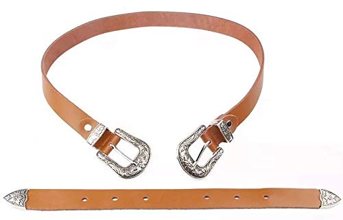 Cinto Couro Feminino 2 Fivelas Ponteiras Prata (85, Marrom-Amarelado)