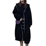 [andrei] アンドレイ パーカー ロング丈 ワンピース 裏起毛 スウェット フード付き バック ロゴ ジップ アップ 暖かい レディース (ブラック, M)