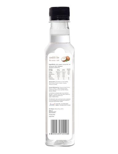 Image of Conscious Food Organic MCT Oil | 250 ml | Extracted From Cold Pressed Coconut Oil | C8 & C10 Medium Chain Triglyceride | Keto, Paleo, Vegan