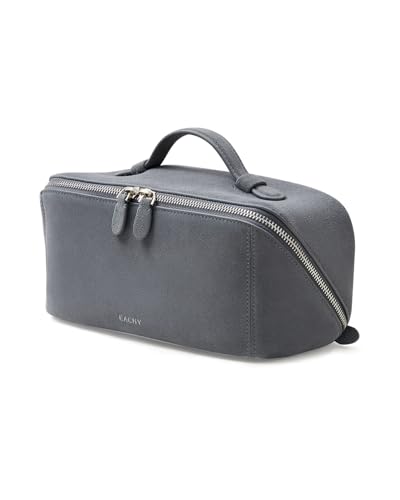 Image of EACHY Leather Makeup Bag, Portable 180 Wide-Open Flat Cosmetic Bag for Women, Large Capacity Make Up Organizer Makeup Pouch with Divider and Handle