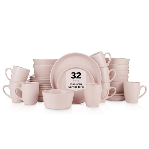 Image of Stone Lain Albie Stoneware 32-Piece Modern Dinnerware Set, Kitchen Plates and Bowls Sets, Service for 8, Pink, Microwave & Dishwasher Safe