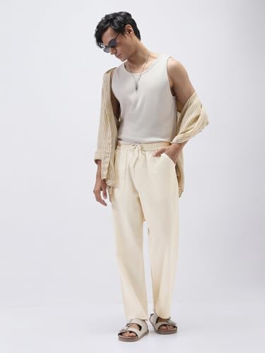 Image of Urbano Fashion Men's Loose Fit Solid Linen Blend Trousers Non-Stretchable