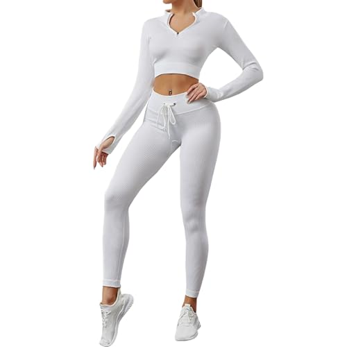 Image of dohomiryo Women Yoga Outfit Workout Set 2 Pieces High Waisted Seamless Leggings & Long-Sleeve Crop Top Sets Tracksuits Set White S