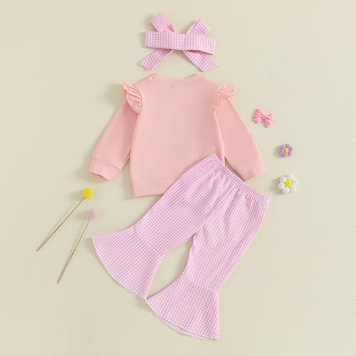 fhutpw Infant Baby Girl Fall Clothes Toddler Winter Outfits Ruffle Sleeve Sweatshirts Plaid Bell Bottom Pants Headband Set (Orange Pink, 3-6 Months) - Thumbnail 4