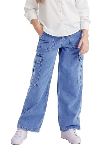 Girls Cargo Pants with Pockets Elastic Waistband Kids Wide Leg Youth Loose Straight School Trousers 4-12 Years