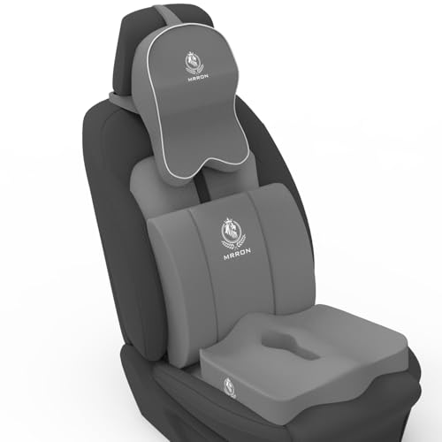 Image of MRRON Memory Foam Car Seat Cushion Combo - Backrest, Coccyx Cushion & Neckrest - Orthopedic Support for Back, Tailbone, Sciatica & Neck Pain - Ergonomic Comfort for Car, Office. (Grey, Lumbar)