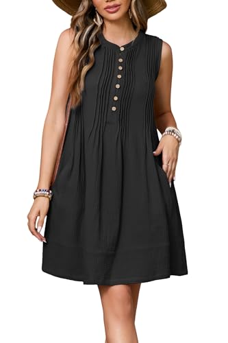Image of R.Vivimos Sleeveless Cotton Casual Dresses for Women Summer 2026 Button Up Ruched Loose Tunic Mini Dress with Pockets