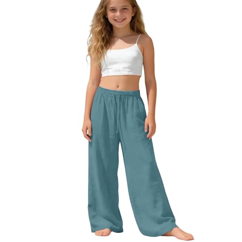 Leinenhose Mädchen Sommerhose Hohe Taille Weite Bein Leinen Hose Lang Casual Musselin Hosen Teenager Kinder Sommer Leichte Luftige Sporthose Einfarbige Bequem Jogginghose für 4-15 Jahre