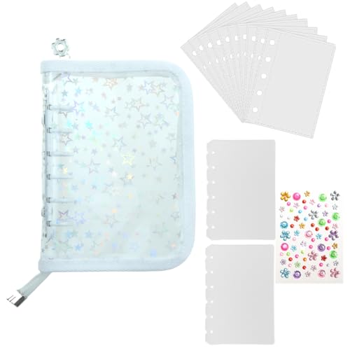 バインダー シール帳 シール収納 A7 ホワイト 6穴 バインダー カード保護 透明スリーブ10枚 PP紙2枚 軽量 防塵タイプ シール収納 写真収納 星柄タイプ 透明なシール帳