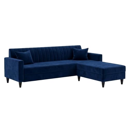 Image of FURNY Avvono 4 Seater L Shape Sofa Set with Movable Ottoman | Flexible Left or Right Layout | Plush Velvet Fabric (Blue) | Perfect for Living Room, Guest Room & Office