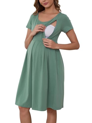 Image of Ecavus Women's Nursing Dress Short Sleeve Hidden Zipper Maternity Breastfeeding Dress with Pockets