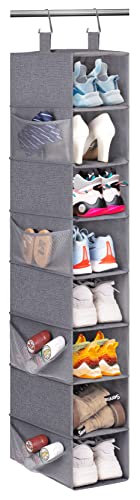 KIMBORA 8-Shelf Hanging Shoe Organizer with 8 Side Mesh Pockets Shoe Holder for Closet Hat Rack, Grey