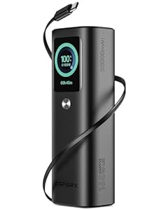AsperX Power Bank 20000mAh - 2x PD 100W Alulegierung Laptop Powerbank USB-C Schnellladung, nsgesamt 165W, Eingebaute Einziehbare Kabel, FT-Display, kkupack fur iPhone 16/15 Serie, pad, otebook, acBook
