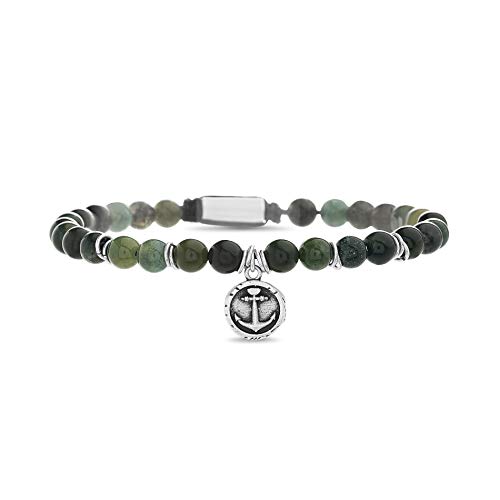 Steve Madden Men's Green Simulated Jade and Simulated Serpentine Anchor Disc Charm Beaded Adjustable Bracelet in Stainless Steel