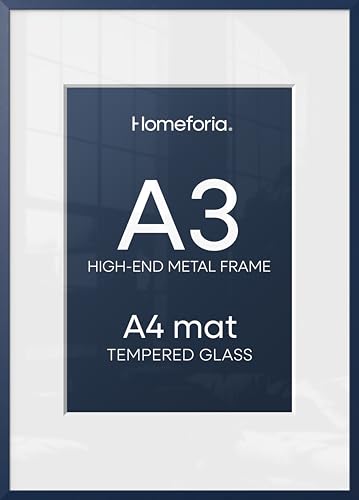 Image of Homeforia A3 Blue Picture Frame, High-End Metal, A4 Mat, Glass | High End Aluminum, Tempered Glass, Acid-Free A4 Removable Mat, A3 Edge-to-Edge Display, Wall Kit, Set Of 2
