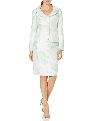 Tahari ASL Women's Nested 4 Button Jackeet and Pencil Skirt, Green Floral Jacquard, 12