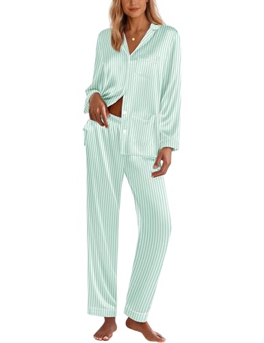 Ekouaer Silk Pajamas for Women Classic Button Down Satin Pajama Sets Long Sleeve Lounge Set