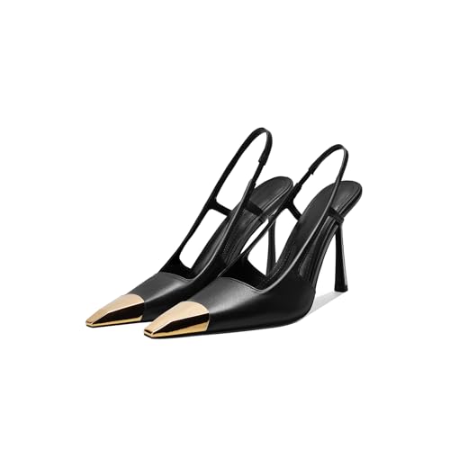 Vertundy Slingback Heels for Women Metal Pointed Toe Stiletto High Heel Pumps Slip On Shoes Geometric Heel