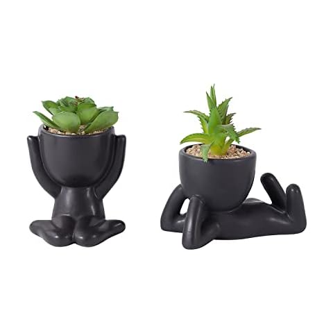 Otartu Fake Succulent Plant Set - Artificial Succulent Plants for Desk - Realistic Faux Succulents in Ceramic Planter Pots - Cute Human Shape Decor for Bedroom Bathroom Office Self Decor (Set 2 Black) Cover