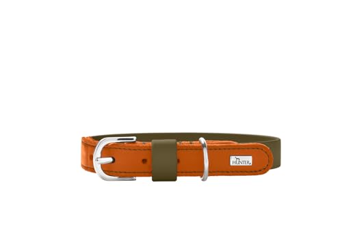 HUNTER Hundehalsband WOLMAR aus BioThane® und Leder, robust, wasserabweisend, pflegeleicht, Kontrastnaht, Made in Germany, Farbe: Khaki/orange, Größe: 55