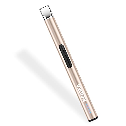 REIDEA Electric Candle Lighters Rechargeable, Upgrade 2022 Safety Lock USB Lighters with LED Battery Indicator Flameless Windproof Arc Plasma Lighters for Candle Fireworks, OT1060A, Champagne Gold