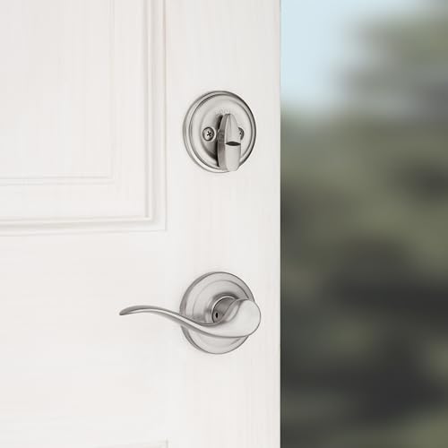 Image of Kwikset Shelburne Front Door Lock Handle and Deadbolt Set, Entry Door Handleset Exterior with Tustin Interior Reversible Lever, Satin Nickel, Pick Resistant SmartKey Rekey Deadbolt Security