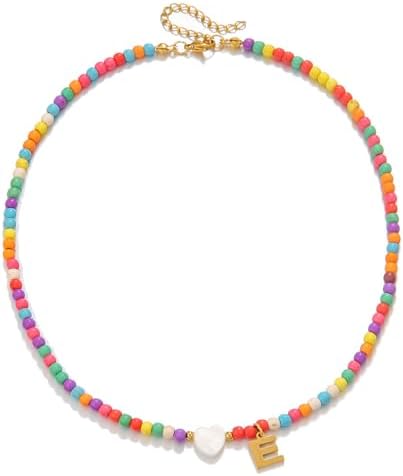 Gold Initial Necklace for Women Teen Girls – Handmade Bohemian Colorful Beaded Initial Stainless Steel 18K Plated Gold Choker Necklace with Heart Shells Letter Pendant Little Girls Jewelry Gifts.