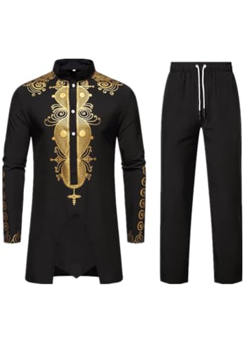 Mens African 2 Piece Set Long Sleeve Gold Print Men Suits Dashiki and Pants Outfit Traditional Suit