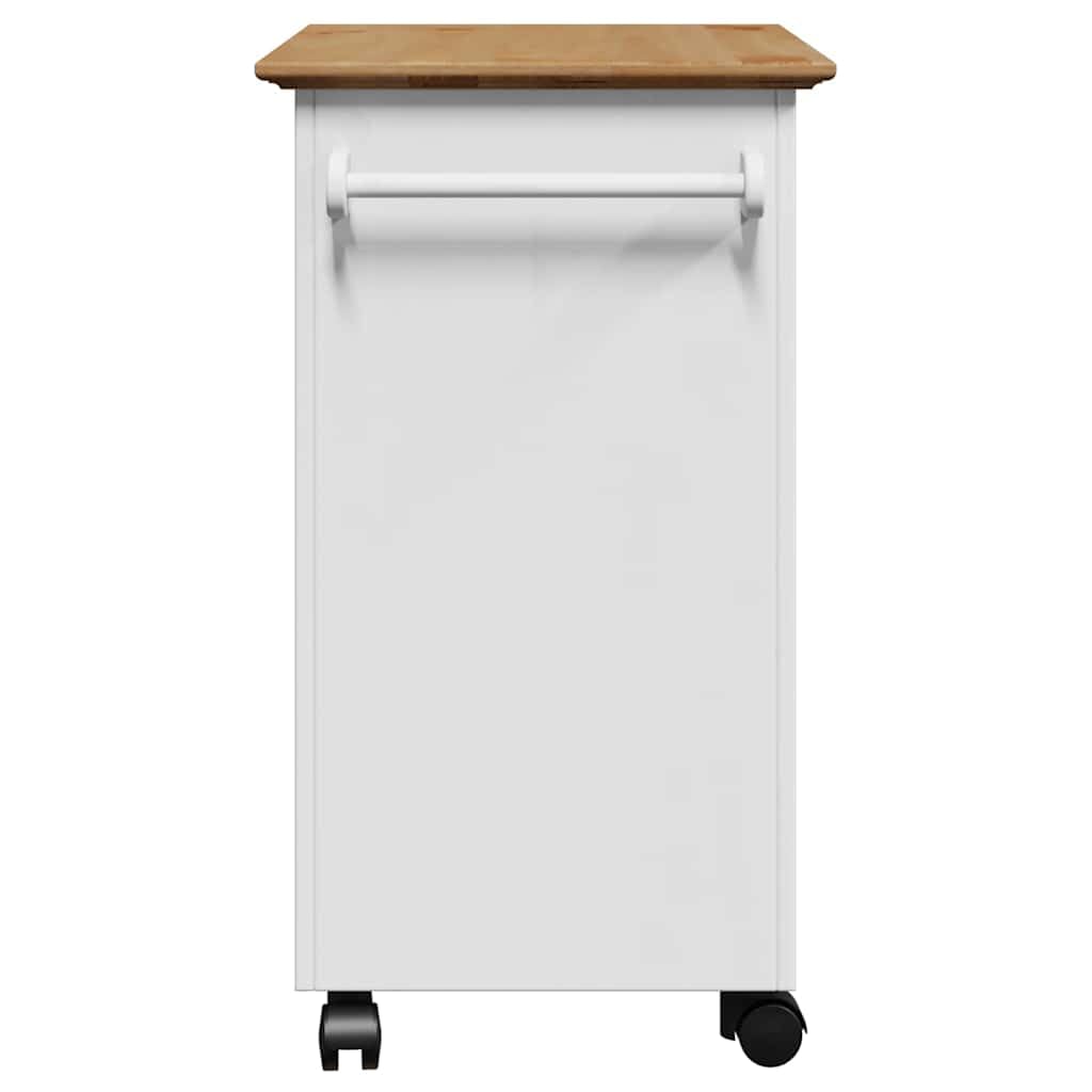 Carrello da cucina BODO bianco marrone in legno di pino massiccio, 67,5 x 45 x 80 cm, con cassetto, 2 ripiani, 4 ruote, pratico carrello da portata per cucina, spazio e organizzazione
